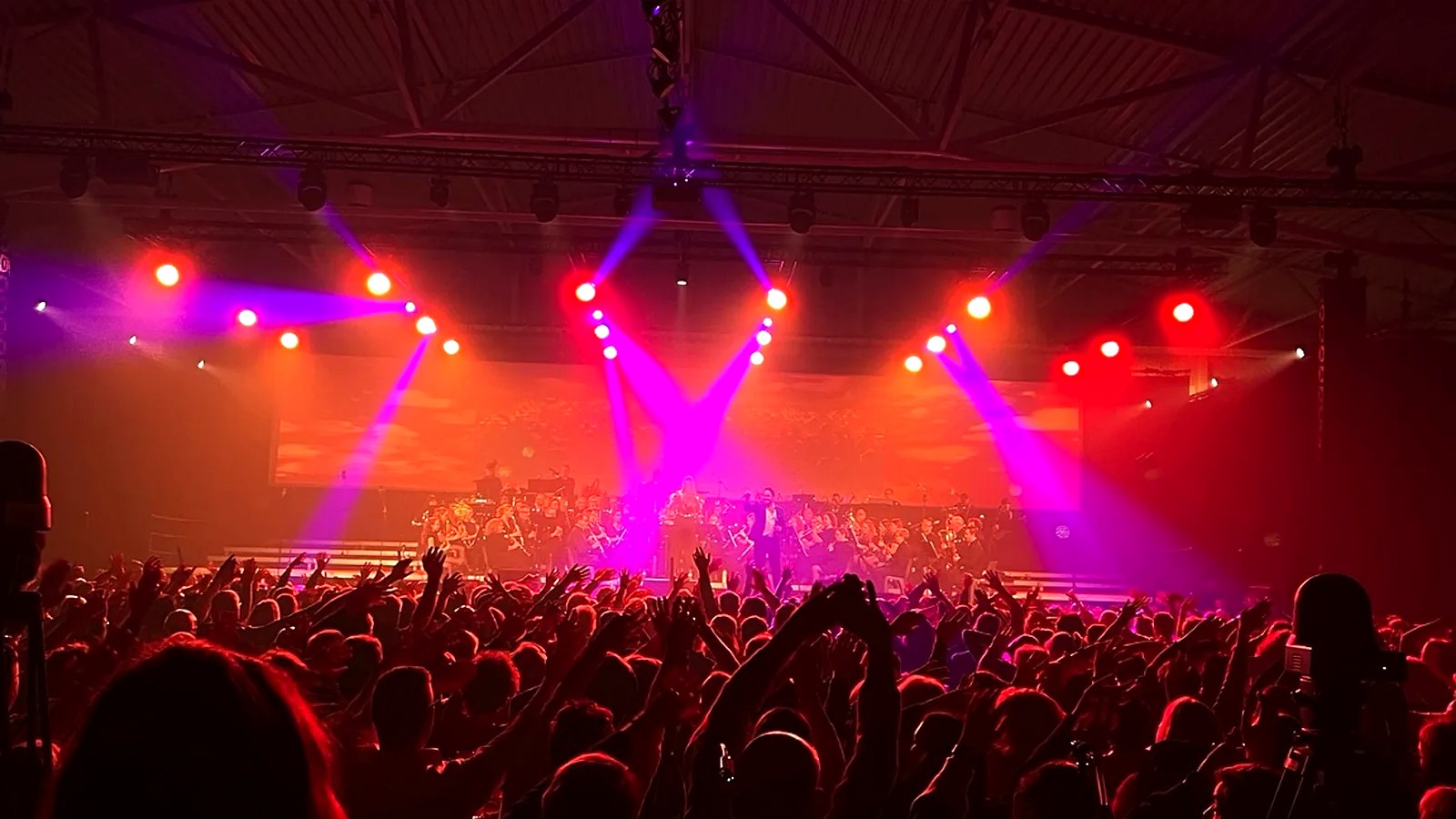 Live concert met publiek en rood paars lichtdesign